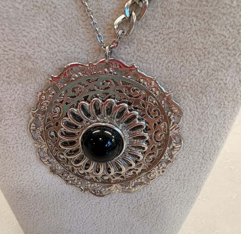 Vintage Silver Tone Ornate Filigree Pendant Necklace with Black Stone